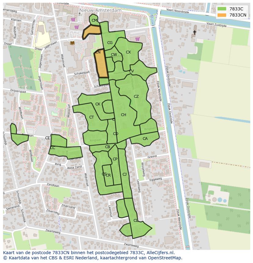 Afbeelding van het postcodegebied 7833 CN op de kaart.