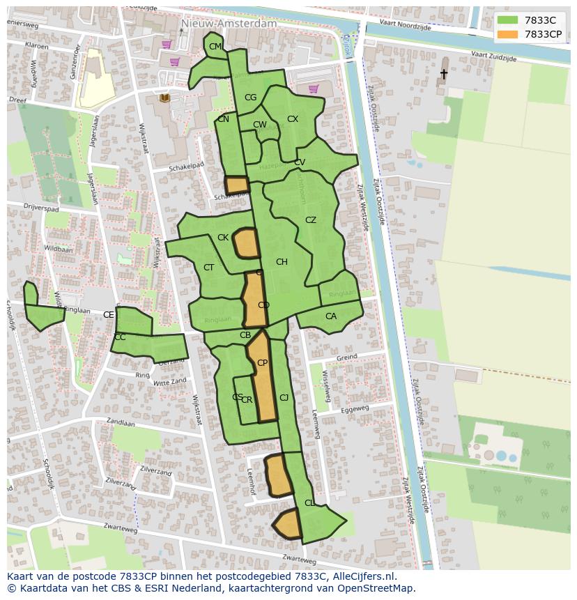 Afbeelding van het postcodegebied 7833 CP op de kaart.