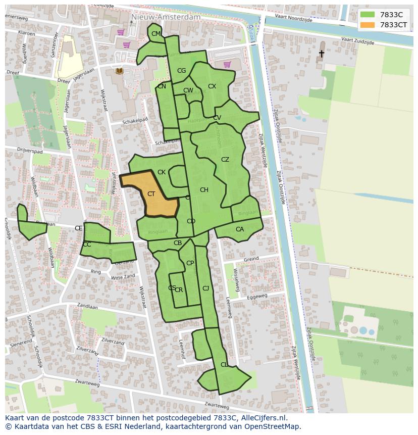 Afbeelding van het postcodegebied 7833 CT op de kaart.