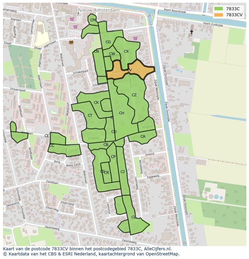 Afbeelding van het postcodegebied 7833 CV op de kaart.