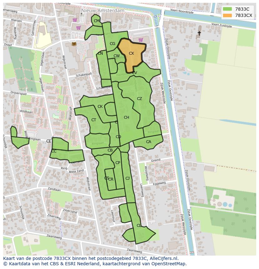 Afbeelding van het postcodegebied 7833 CX op de kaart.