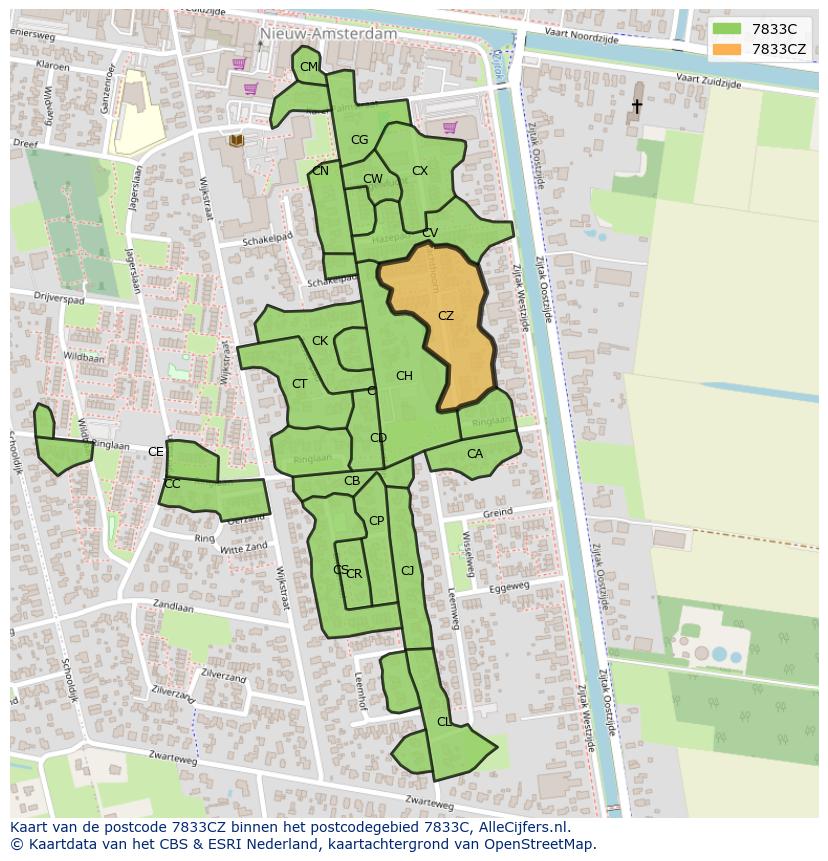 Afbeelding van het postcodegebied 7833 CZ op de kaart.