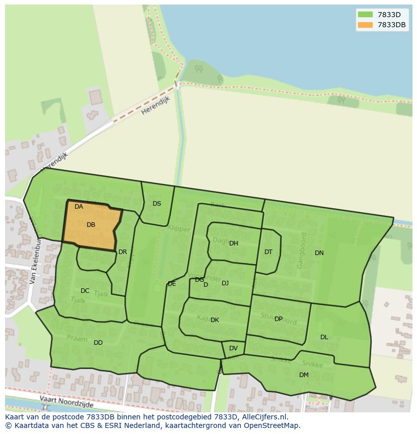 Afbeelding van het postcodegebied 7833 DB op de kaart.