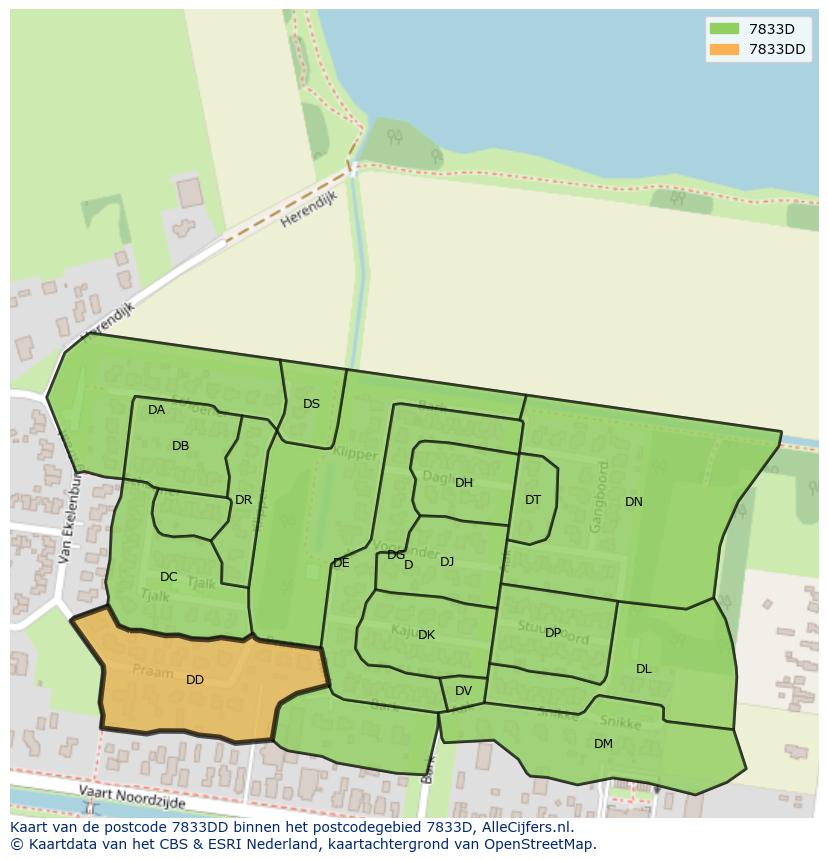Afbeelding van het postcodegebied 7833 DD op de kaart.