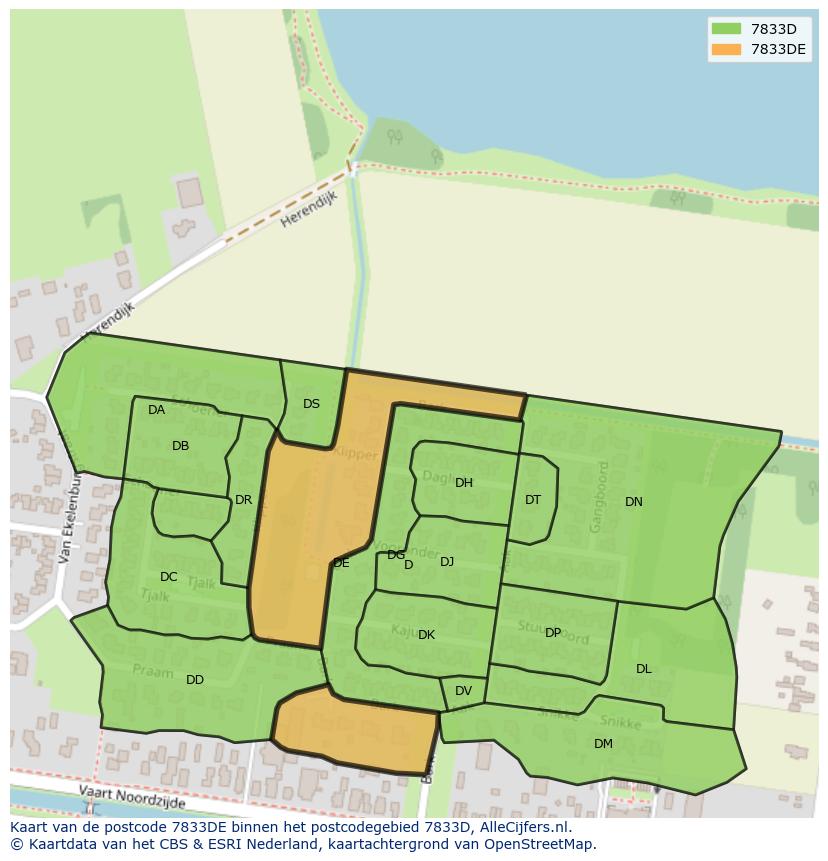 Afbeelding van het postcodegebied 7833 DE op de kaart.