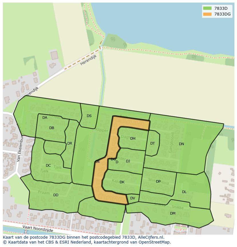 Afbeelding van het postcodegebied 7833 DG op de kaart.