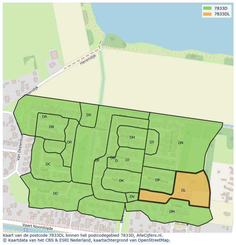 Afbeelding van het postcodegebied 7833 DL op de kaart.