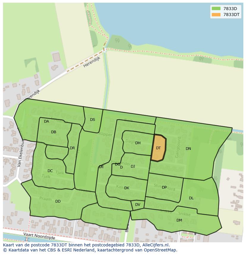 Afbeelding van het postcodegebied 7833 DT op de kaart.