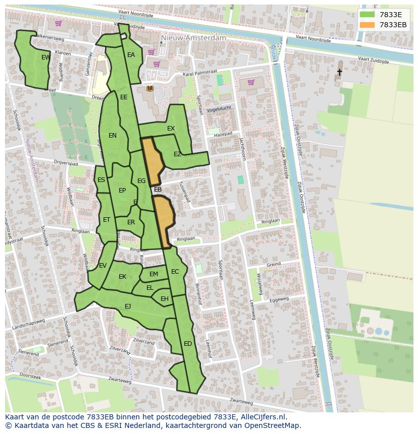Afbeelding van het postcodegebied 7833 EB op de kaart.