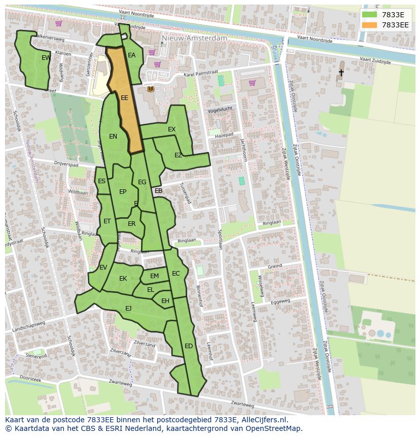 Afbeelding van het postcodegebied 7833 EE op de kaart.