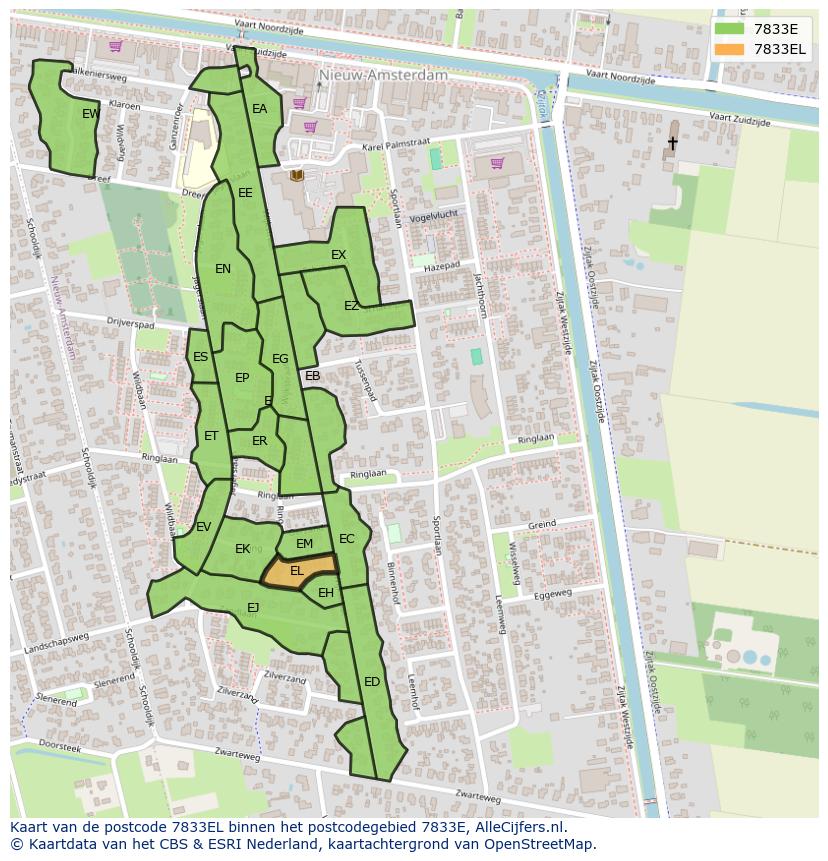 Afbeelding van het postcodegebied 7833 EL op de kaart.