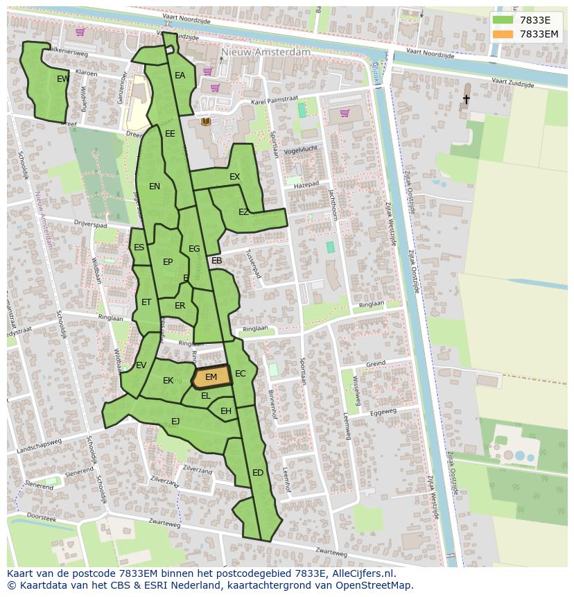 Afbeelding van het postcodegebied 7833 EM op de kaart.