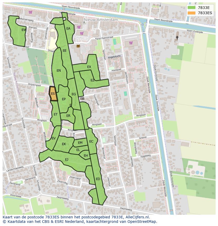 Afbeelding van het postcodegebied 7833 ES op de kaart.