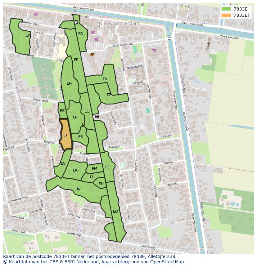 Afbeelding van het postcodegebied 7833 ET op de kaart.