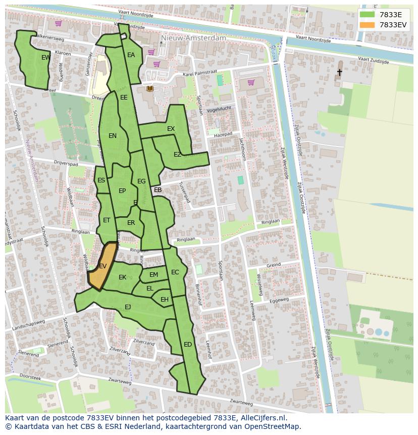 Afbeelding van het postcodegebied 7833 EV op de kaart.