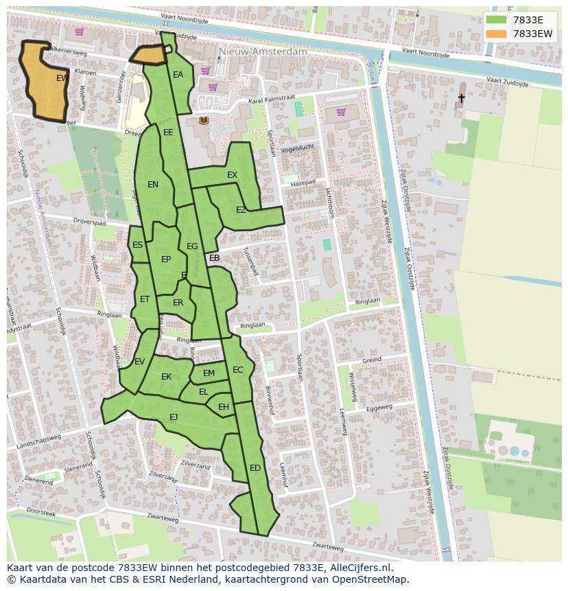 Afbeelding van het postcodegebied 7833 EW op de kaart.