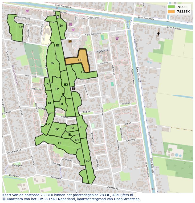Afbeelding van het postcodegebied 7833 EX op de kaart.