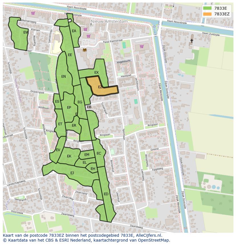 Afbeelding van het postcodegebied 7833 EZ op de kaart.