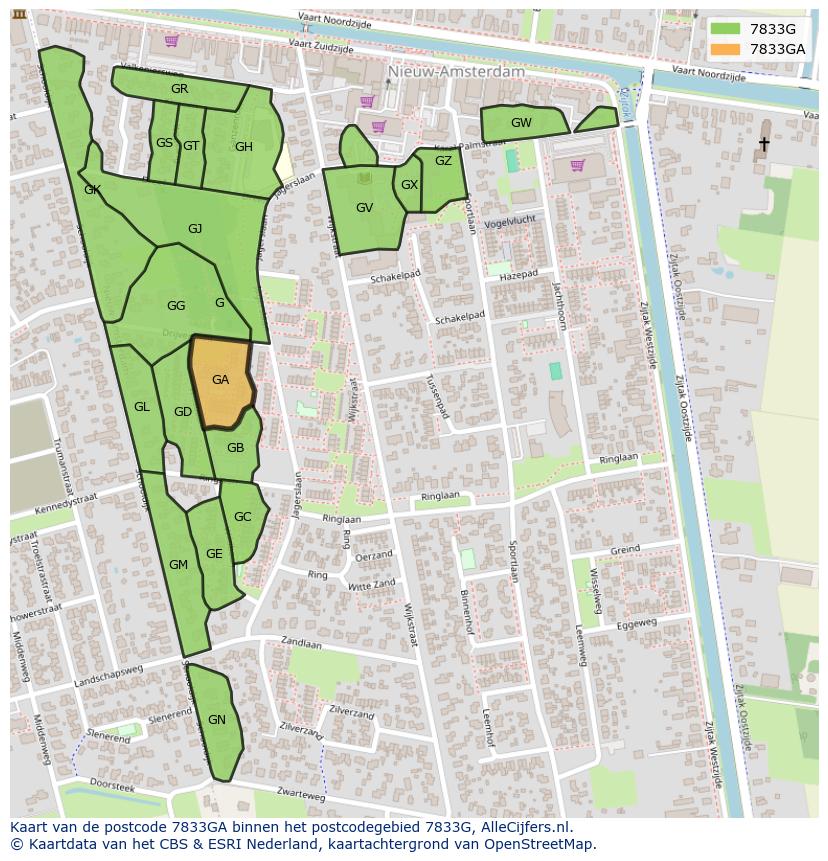 Afbeelding van het postcodegebied 7833 GA op de kaart.