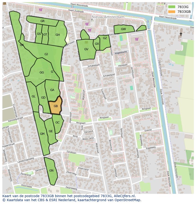 Afbeelding van het postcodegebied 7833 GB op de kaart.