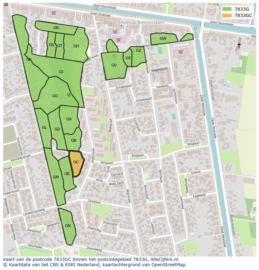 Afbeelding van het postcodegebied 7833 GC op de kaart.