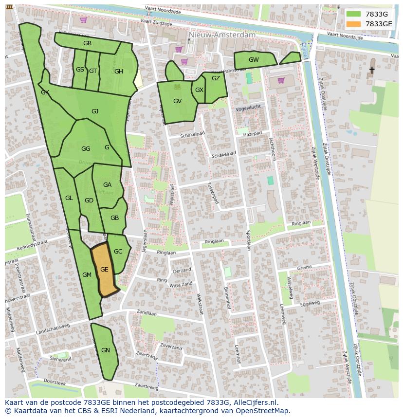 Afbeelding van het postcodegebied 7833 GE op de kaart.