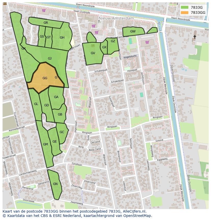 Afbeelding van het postcodegebied 7833 GG op de kaart.