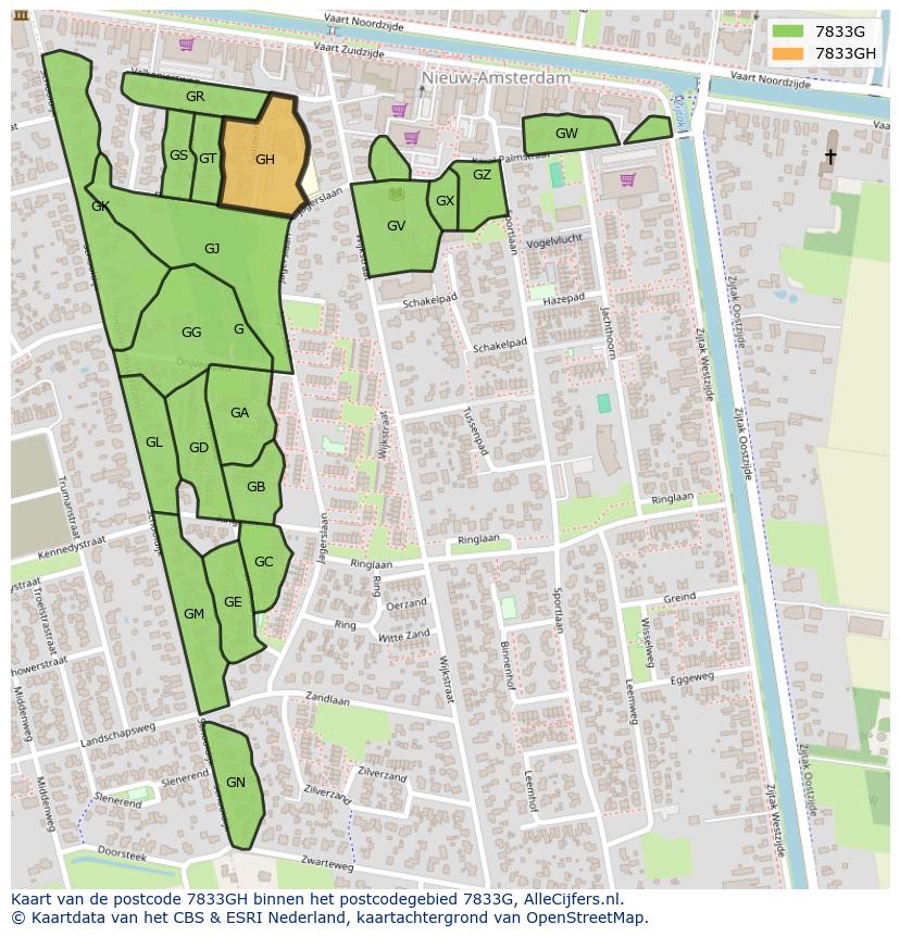 Afbeelding van het postcodegebied 7833 GH op de kaart.