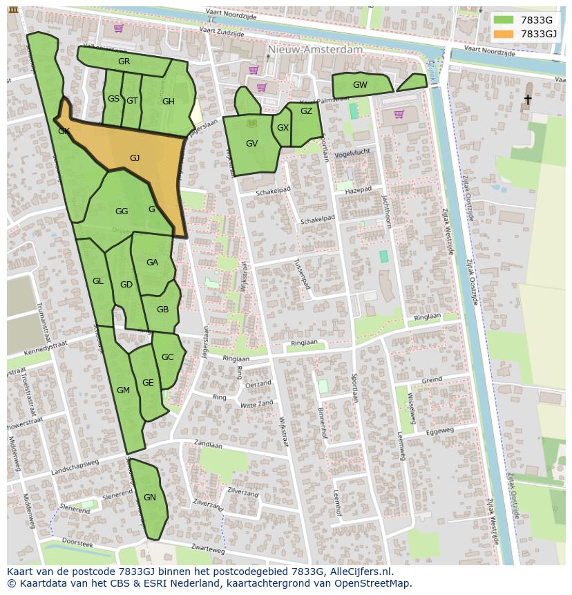 Afbeelding van het postcodegebied 7833 GJ op de kaart.