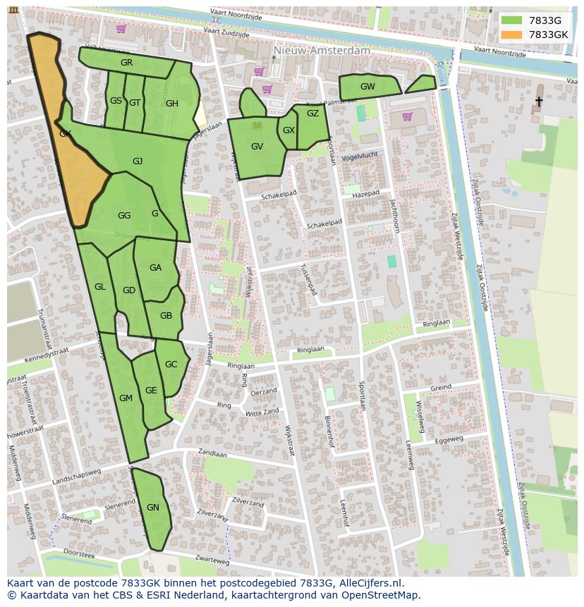 Afbeelding van het postcodegebied 7833 GK op de kaart.