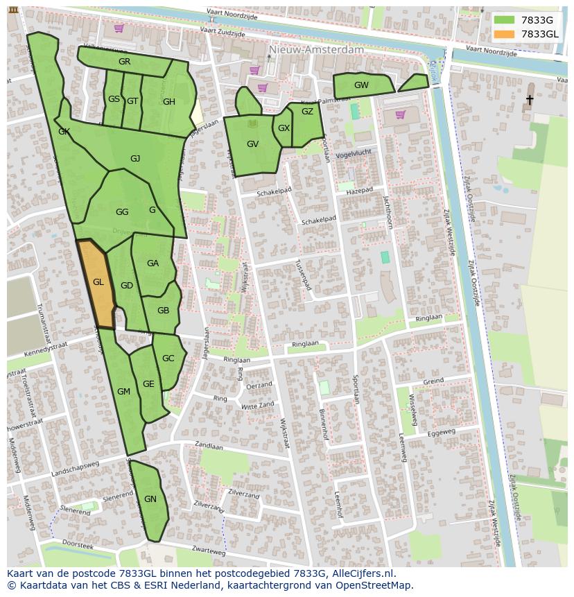 Afbeelding van het postcodegebied 7833 GL op de kaart.