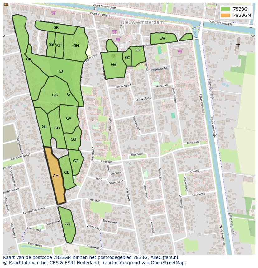 Afbeelding van het postcodegebied 7833 GM op de kaart.