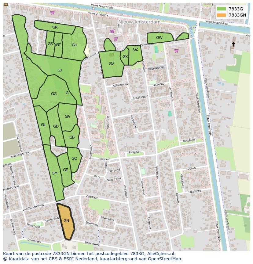 Afbeelding van het postcodegebied 7833 GN op de kaart.