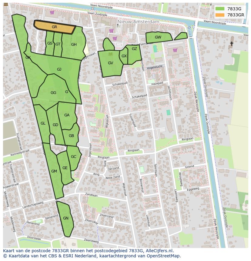Afbeelding van het postcodegebied 7833 GR op de kaart.