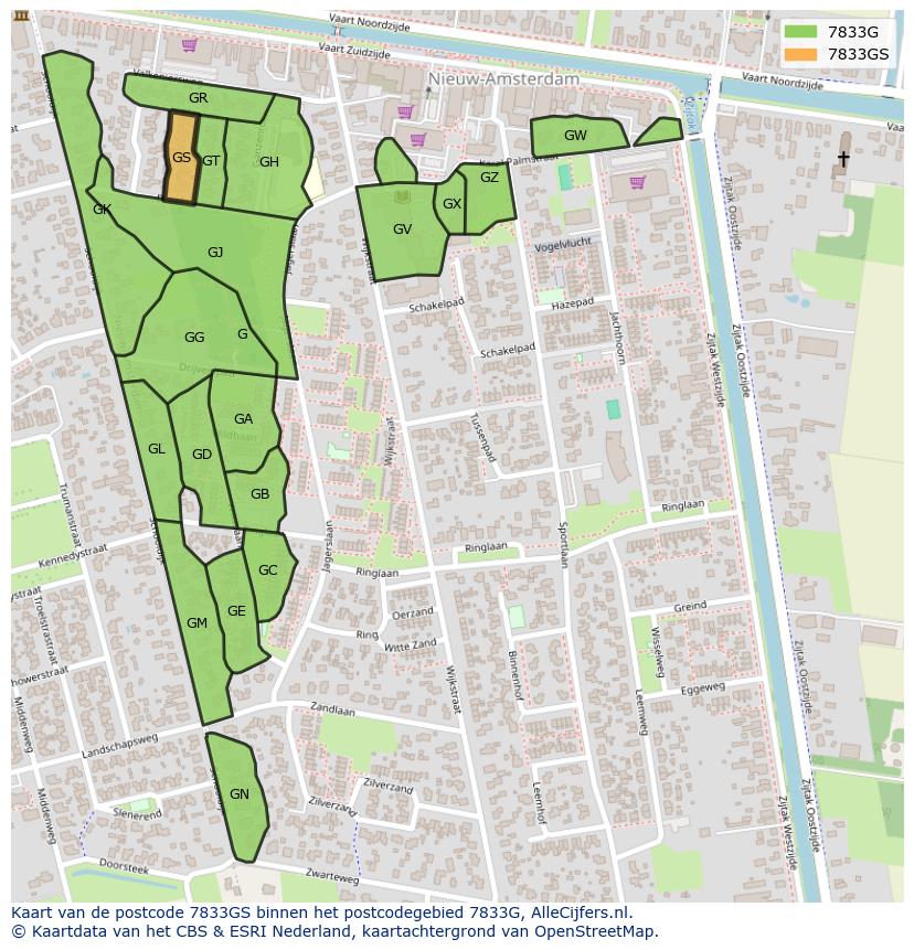 Afbeelding van het postcodegebied 7833 GS op de kaart.