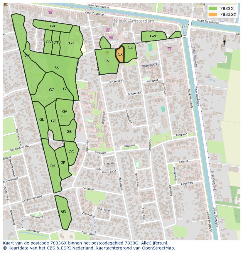 Afbeelding van het postcodegebied 7833 GX op de kaart.