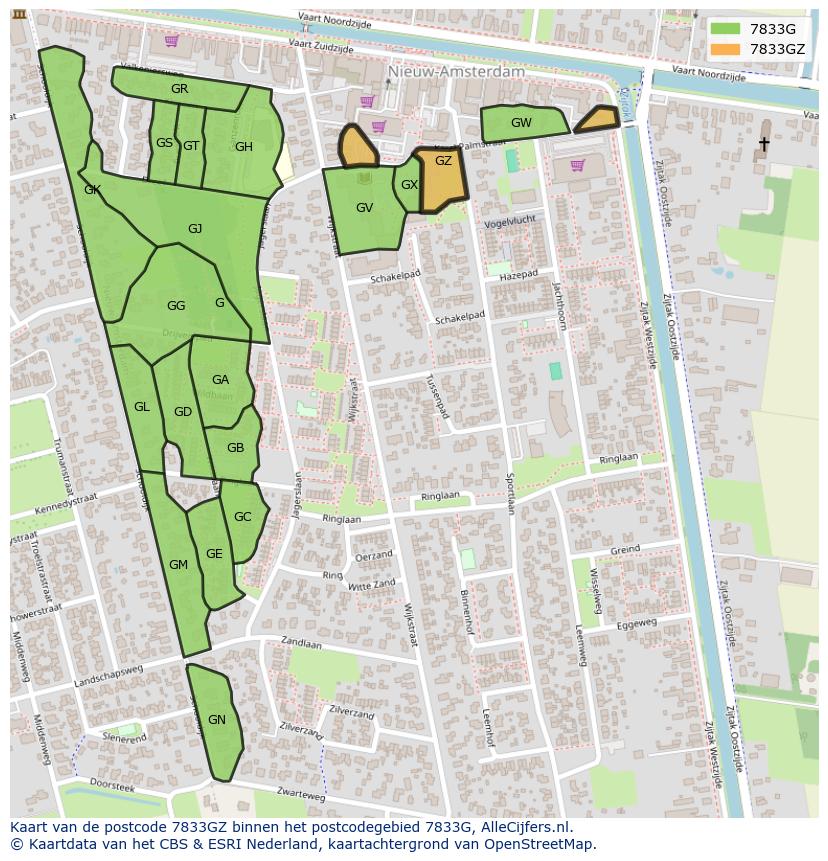 Afbeelding van het postcodegebied 7833 GZ op de kaart.