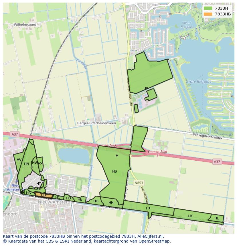 Afbeelding van het postcodegebied 7833 HB op de kaart.