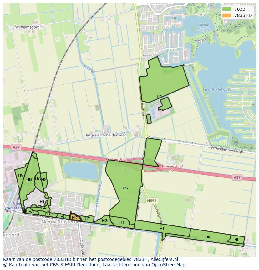 Afbeelding van het postcodegebied 7833 HD op de kaart.