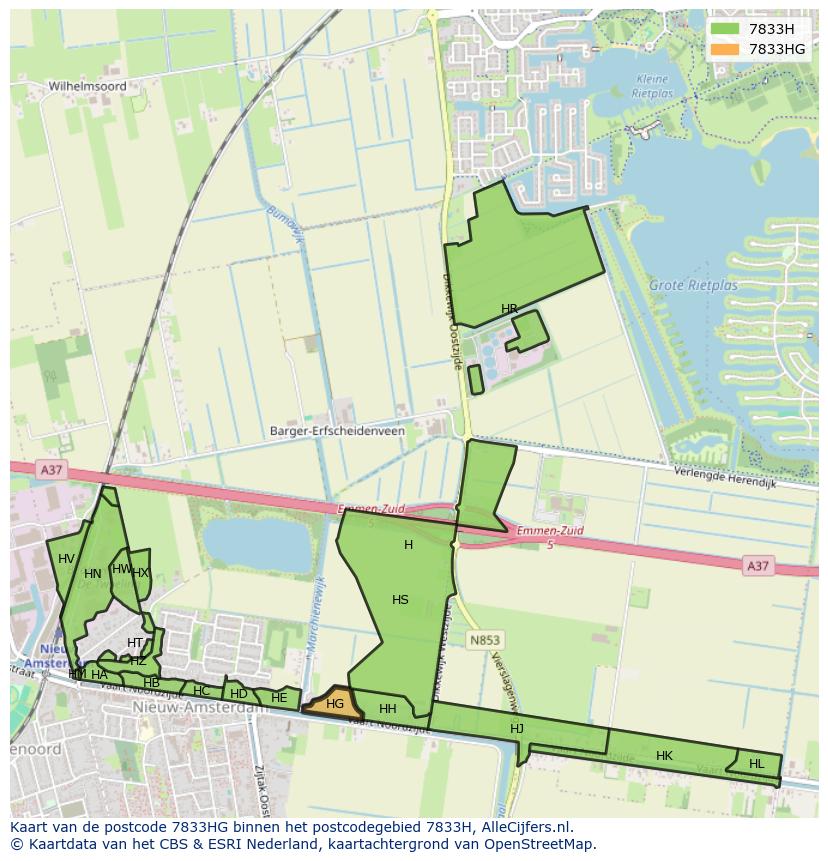 Afbeelding van het postcodegebied 7833 HG op de kaart.