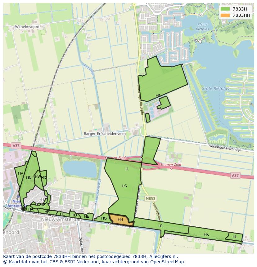 Afbeelding van het postcodegebied 7833 HH op de kaart.