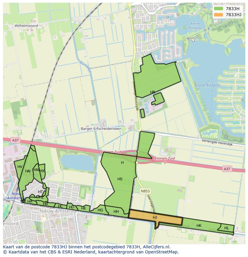 Afbeelding van het postcodegebied 7833 HJ op de kaart.