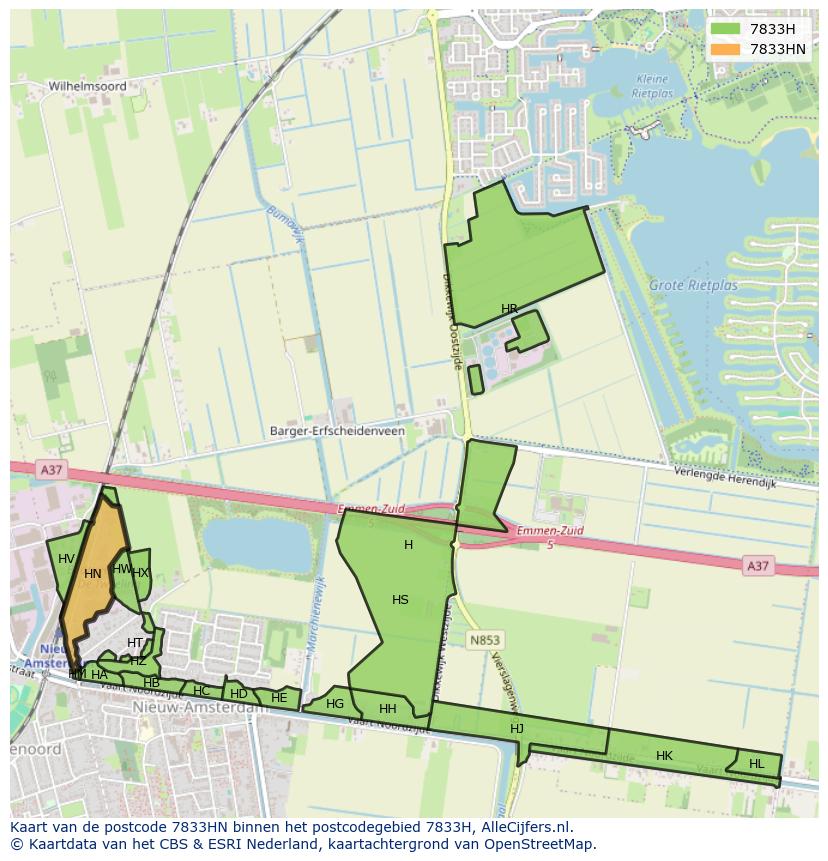 Afbeelding van het postcodegebied 7833 HN op de kaart.