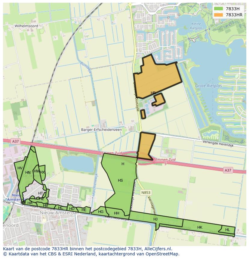Afbeelding van het postcodegebied 7833 HR op de kaart.