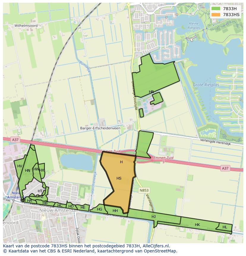 Afbeelding van het postcodegebied 7833 HS op de kaart.