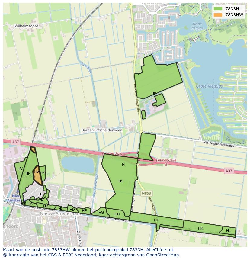 Afbeelding van het postcodegebied 7833 HW op de kaart.
