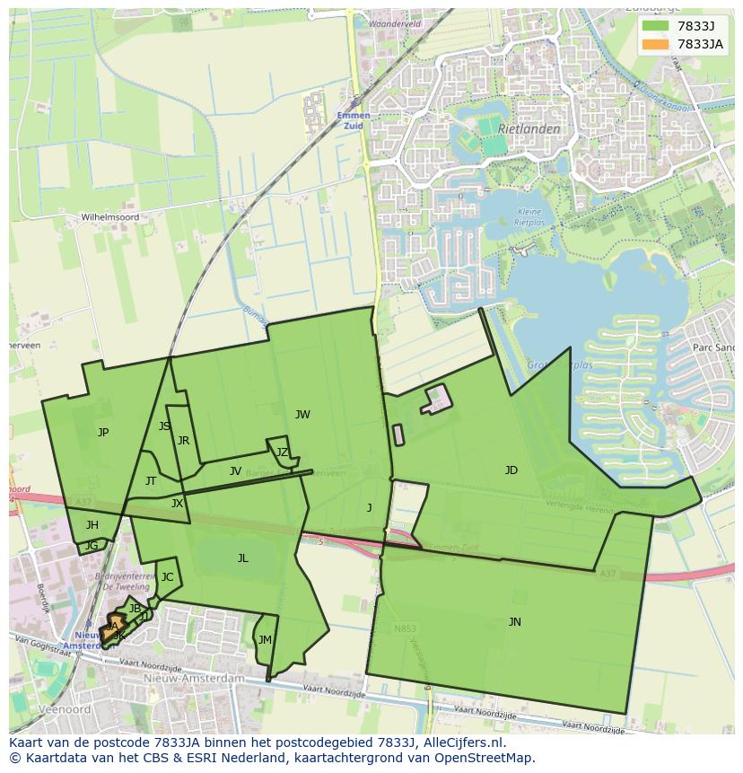 Afbeelding van het postcodegebied 7833 JA op de kaart.