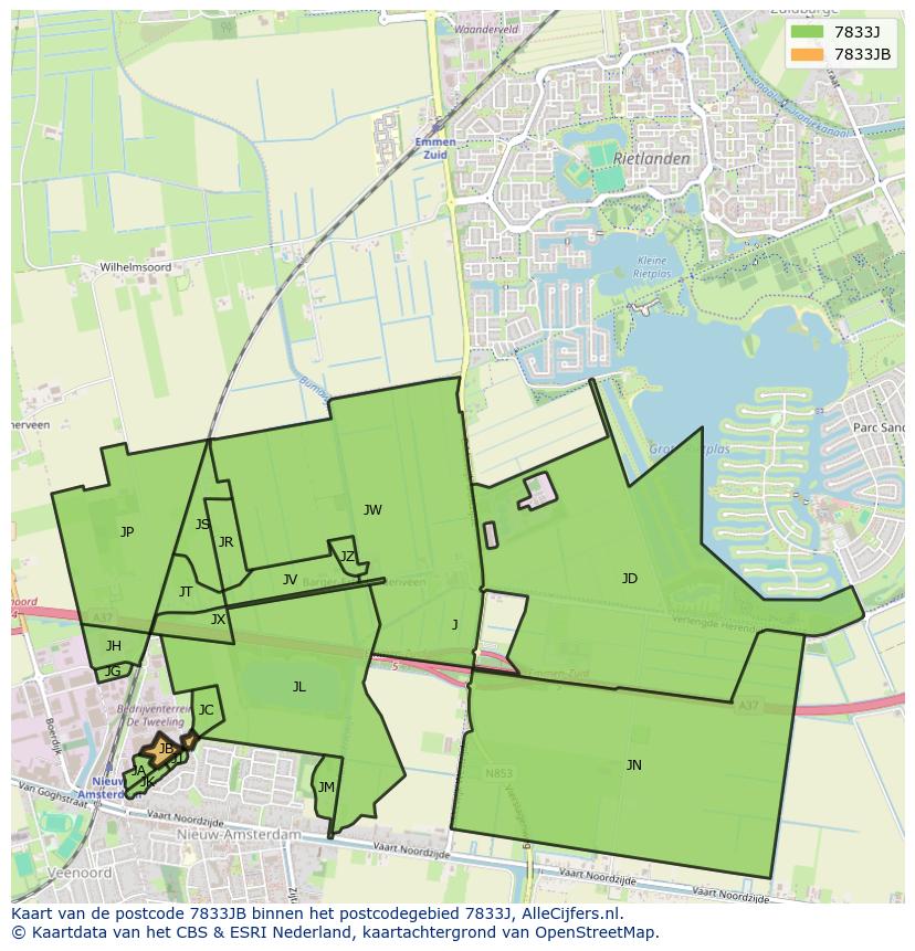 Afbeelding van het postcodegebied 7833 JB op de kaart.