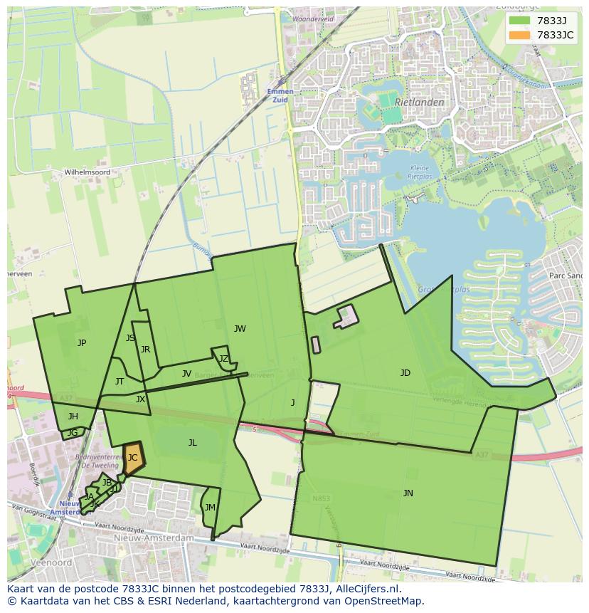 Afbeelding van het postcodegebied 7833 JC op de kaart.