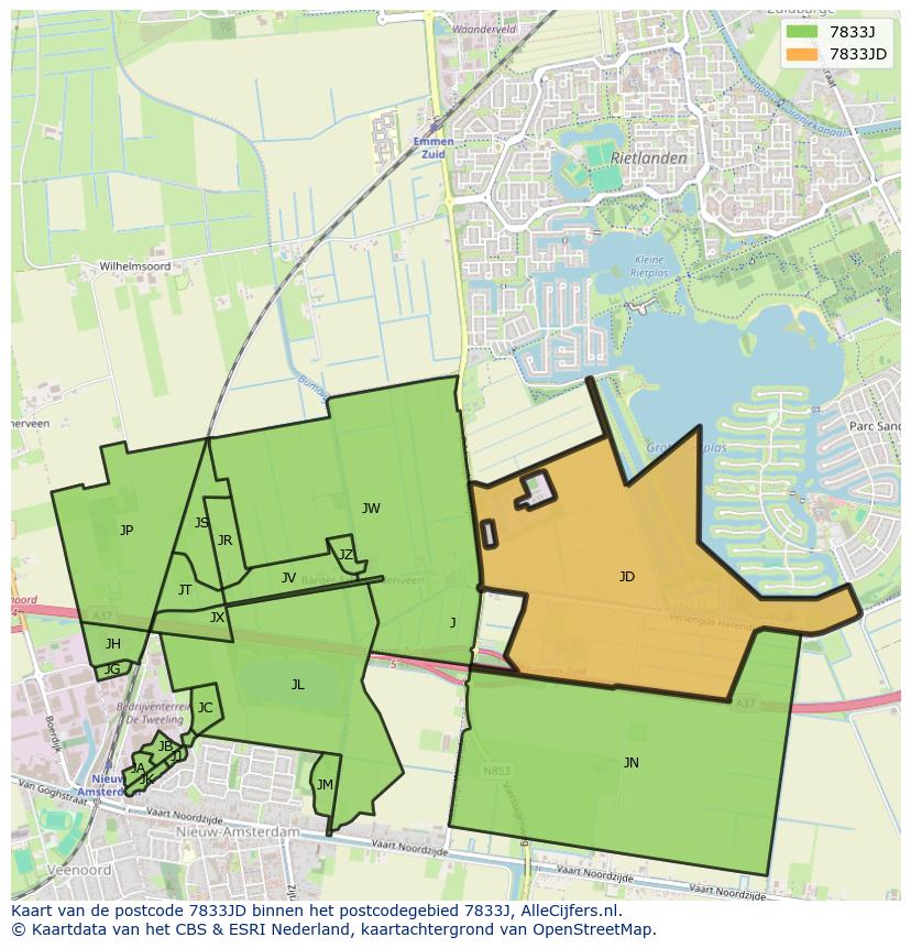 Afbeelding van het postcodegebied 7833 JD op de kaart.